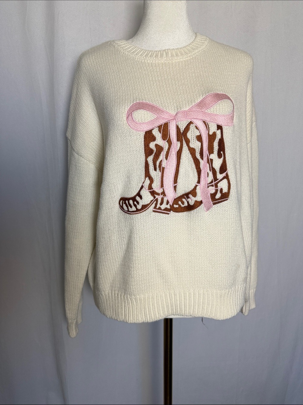 Willow & Wind Cowgirl Boots and Bows Chunky Sweater Size S Chunky Coquette EUC